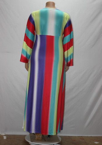 Plus Size Rainbow Striped High Waist Maxi Dress