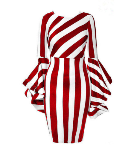 Plus Size Red Striped Bell Sleeve Midi Dress