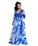 Plus Size Floral Blue Deep-V Big Hem Maxi Dress