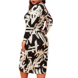 Plus Size Black & White Print Midi Dress with Sleeve