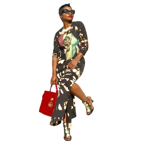 Print Long Sleeve Sexy Slit Maxi Dress