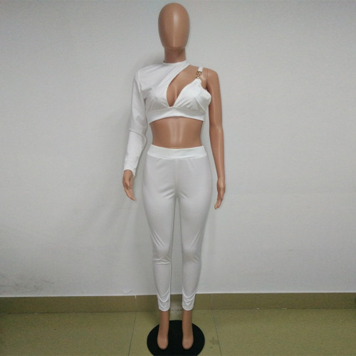 White Cutout One Shoulder Crop Top & Tight Pants Set