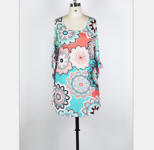 Plus Size Flower Print Cold Shoulder Casual Dress