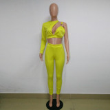 Cutout Yellow One Shoulder Crop Top & Tight Pants Set