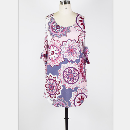 Plus Size Floral Print Cold Shoulder Casual Dress