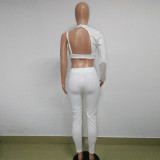 White Cutout One Shoulder Crop Top & Tight Pants Set