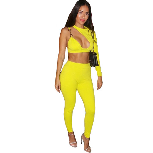 Cutout Yellow One Shoulder Crop Top & Tight Pants Set