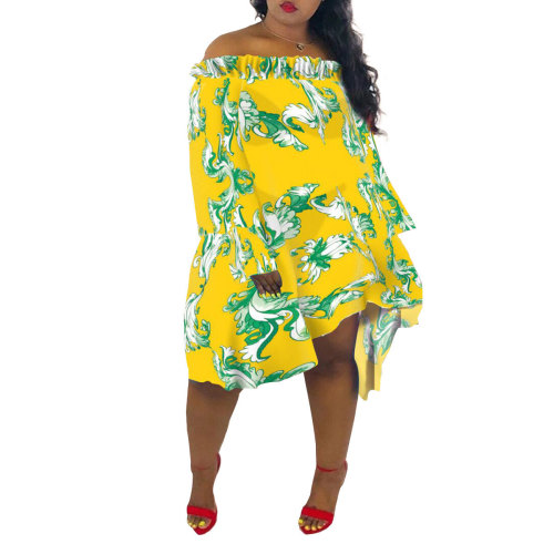 Yellow Floral Ruffle Off Shoulder Casual Dress with Sleeve