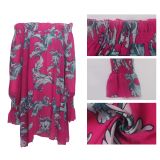 Hot Pink Floral Ruffle Off Shoulder Casual Dress with Sleeve
