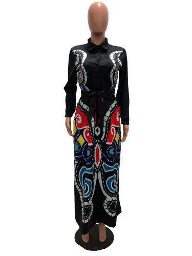 Butterfly Print Black Long Sleeve Maxi Dress