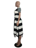 White Black Striped Tassel Irregular Dress