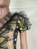 Snakeskin Print Frill Deep-V Bodysuit & Shorts