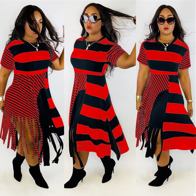 Red & Black Striped Tassel Irregular Dress