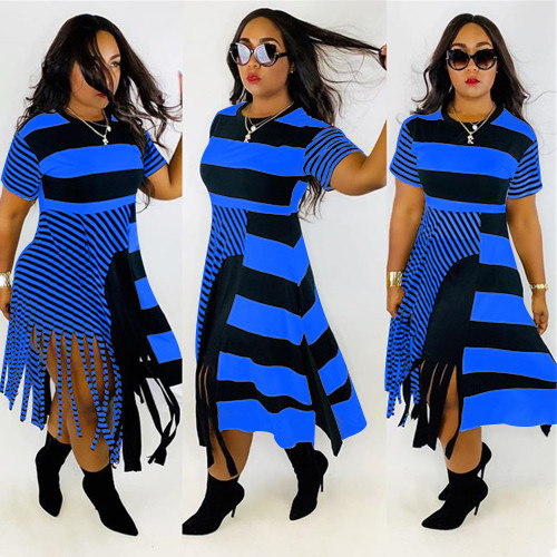 Blue & Black Striped Tassel Irregular Dress