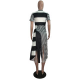 White Black Striped Tassel Irregular Dress