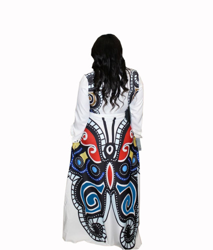 Butterfly Print White Long Sleeve Maxi Dress