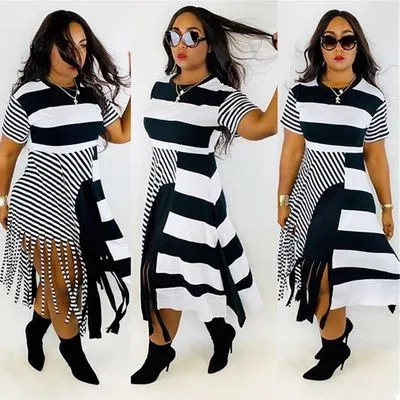 White Black Striped Tassel Irregular Dress