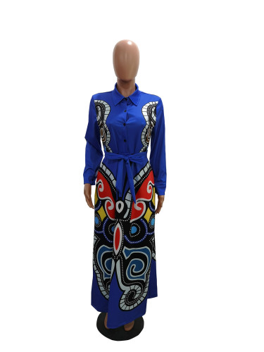 Butterfly Print Blue Long Sleeve Maxi Dress