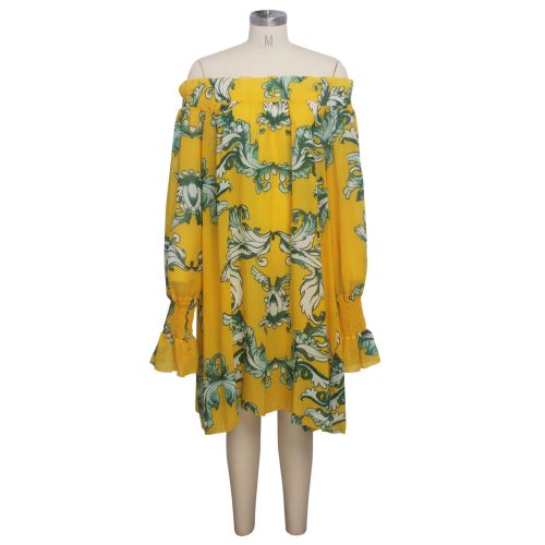 Yellow Floral Ruffle Off Shoulder Casual Dress with Sleeve