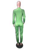 Patchwork Green Zip Up Casual Jumpsuit