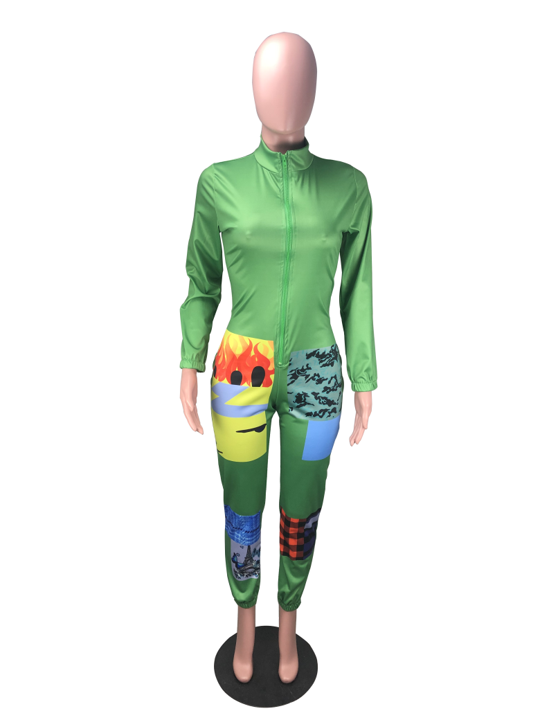 green zip up jumpsuit