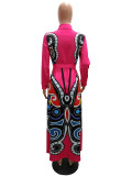 Butterfly Print Hot Pink Long Sleeve Maxi Dress