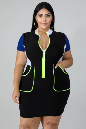Short Sleeve Zip Up Plus Size Bodycon Dress with Pockets