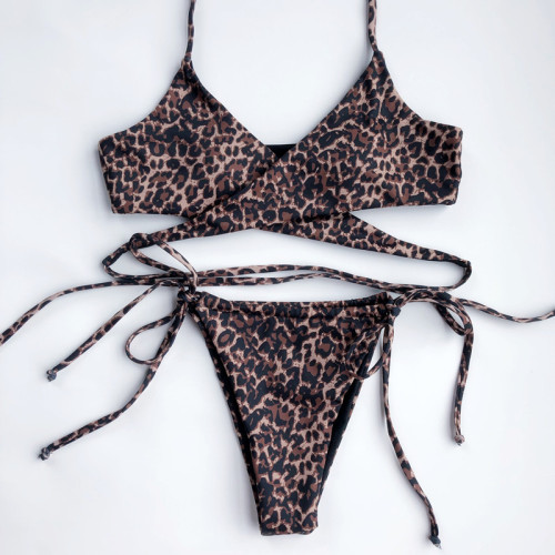 Leopard Print Wrap Strings Bikini Set