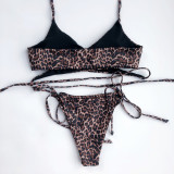 Leopard Print Wrap Strings Bikini Set