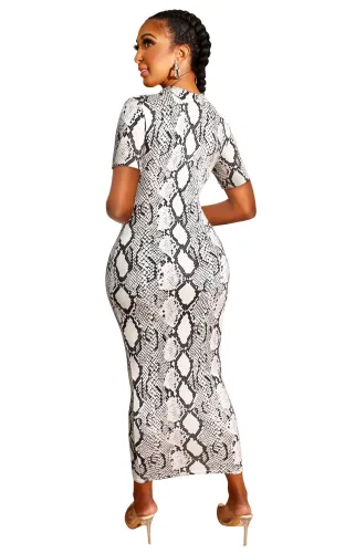 Gray Snakeskin Two Way Short Sleeve Slinky Maxi Dress