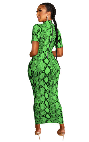 Green Snakeskin Two Way Short Sleeve Slinky Maxi Dress