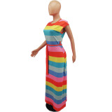 Striped Print Cap Sleeve Maxi Dress