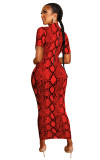 Red Snakeskin Two Way Short Sleeve Slinky Maxi Dress
