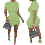 Solid Green Short Sleeve Bow Trim Bodycon Dress