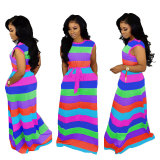 Colorful Striped Print Cap Sleeve Maxi Dress