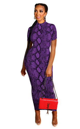 Purple Snakeskin Two Way Short Sleeve Slinky Maxi Dress