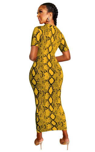 Yellow Snakeskin Two Way Short Sleeve Slinky Maxi Dress