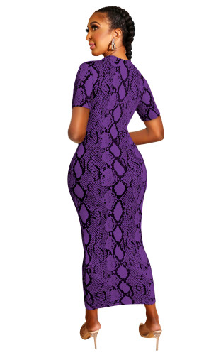 Purple Snakeskin Two Way Short Sleeve Slinky Maxi Dress