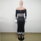 Black White Off Shoulder Crop Top & Long Slit Skirt