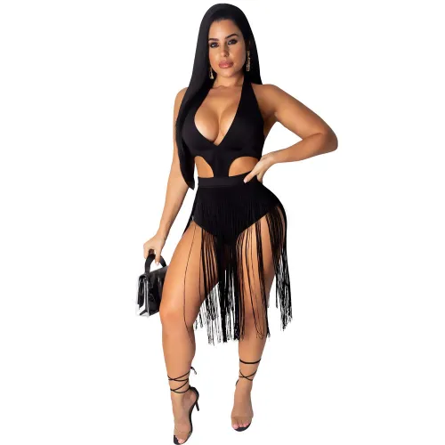 Black Plunge Cut Out Tassel Club Dress