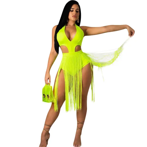Green Plunge Cut Out Tassel Club Dress