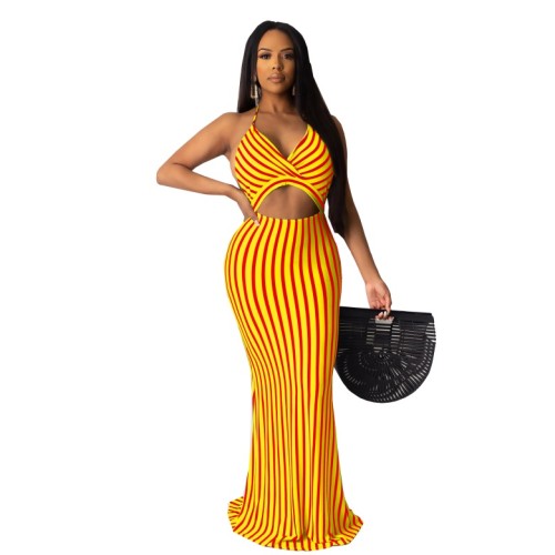Yellow Striped Cutout Halter Backless Maxi Dress