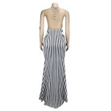 White Black Striped Cutout Halter Backless Maxi Dress