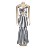 White Black Striped Cutout Halter Backless Maxi Dress
