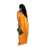 Yellow Short Sleeve Loose Maxi Dress with Pockets