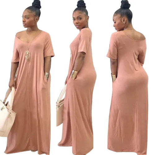 Pink Short Sleeve Loose Maxi Dress with Pockets