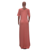 Pink Short Sleeve Loose Maxi Dress with Pockets