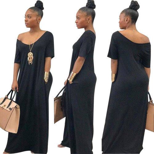 Black Short Sleeve Loose Maxi Dress with Pockets