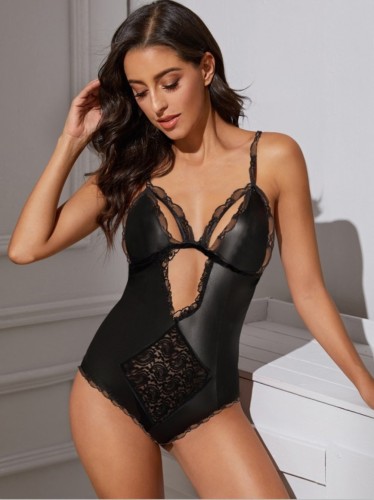 Sexy Black Cut Out  Frill Teddy Lingerie