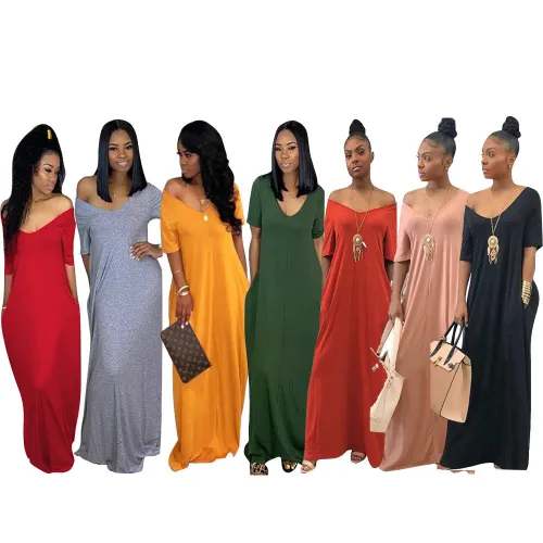 Yellow Short Sleeve Loose Maxi Dress with Pockets
